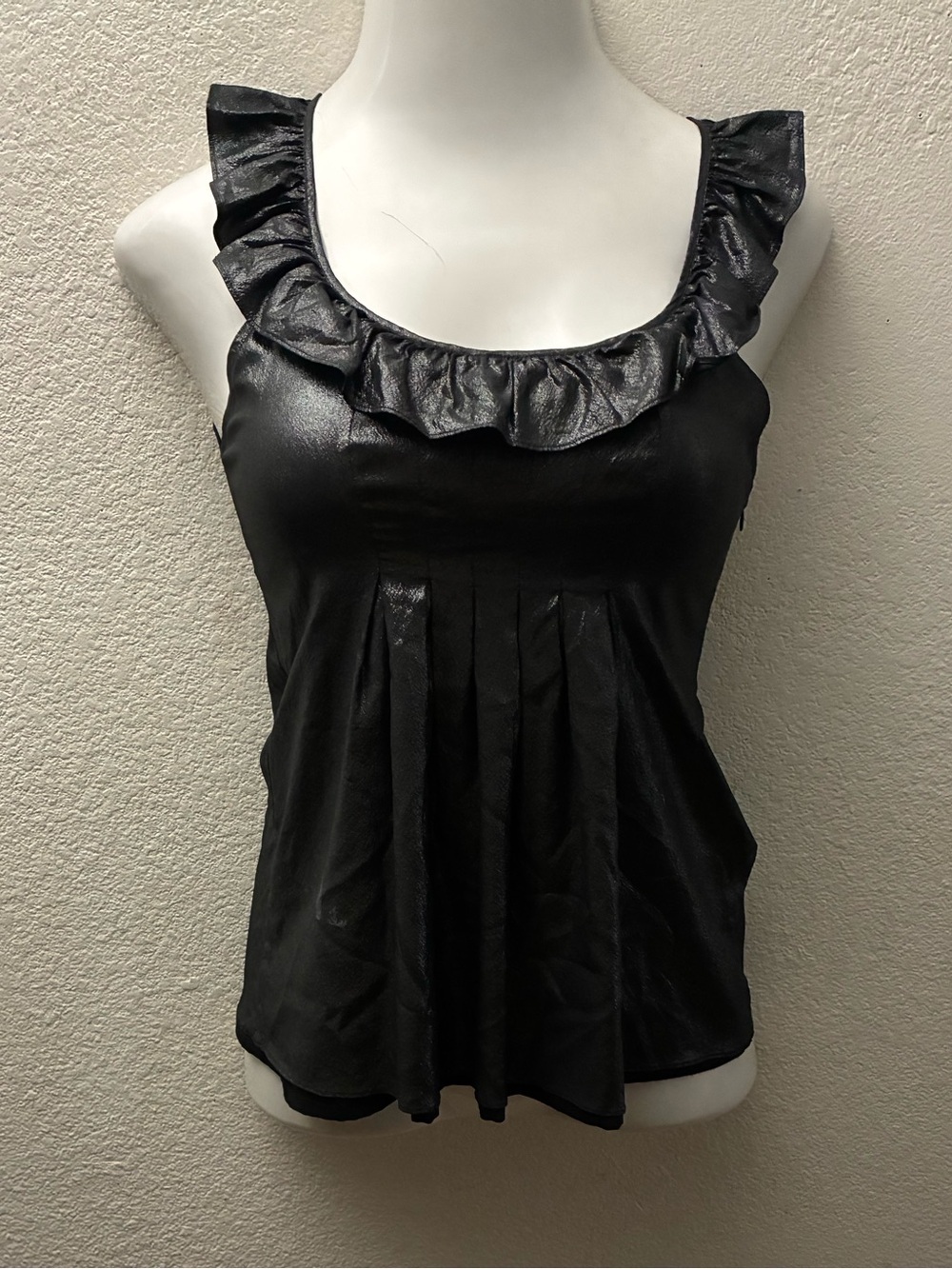 Laila Azhar Silk Blend Metalic Black Ruffle Neck Sleeveless Top 4